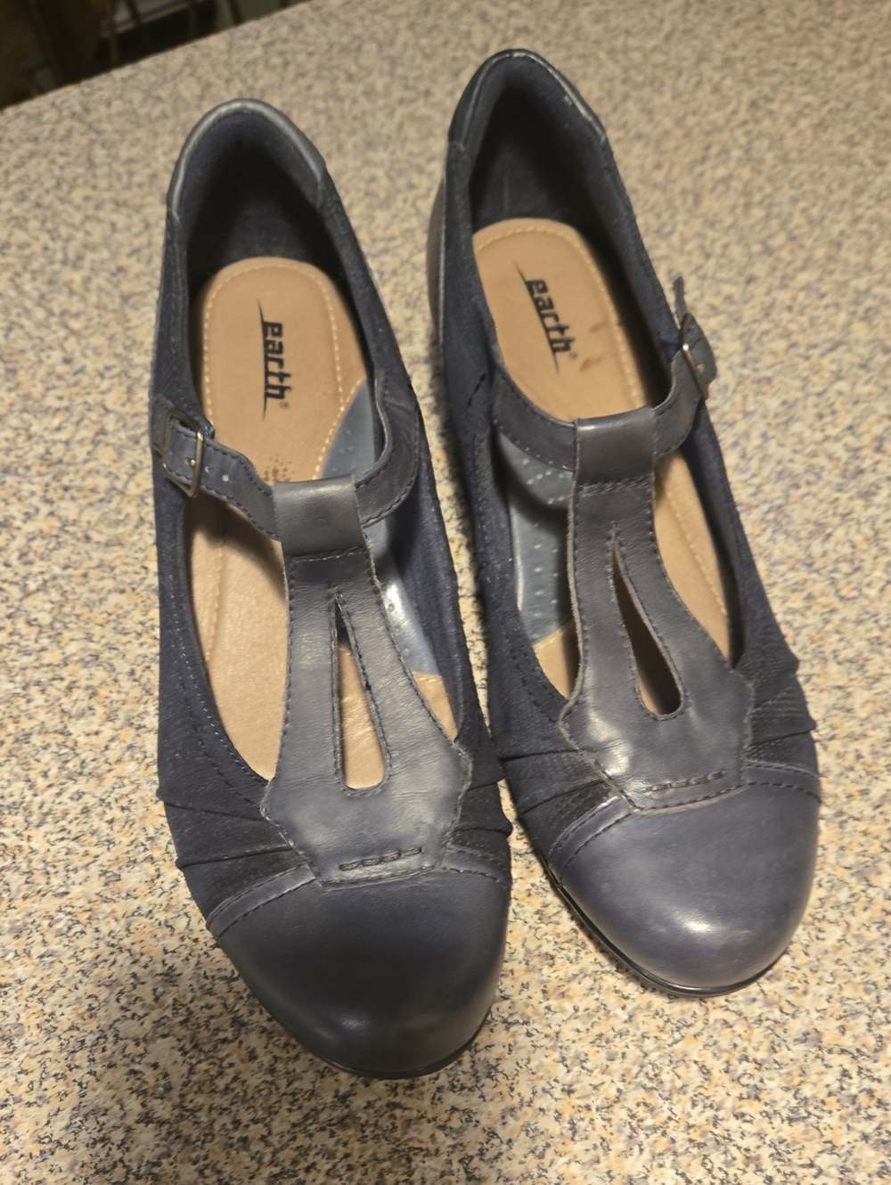 Earth Wanderlust Navy T-Strap Leather Heels with Cutout Detail